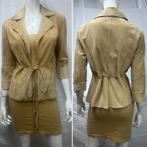Guess Jeans Women's Small 100% Leather Tan Suede Tie Waist Jacket Y2K Vintage